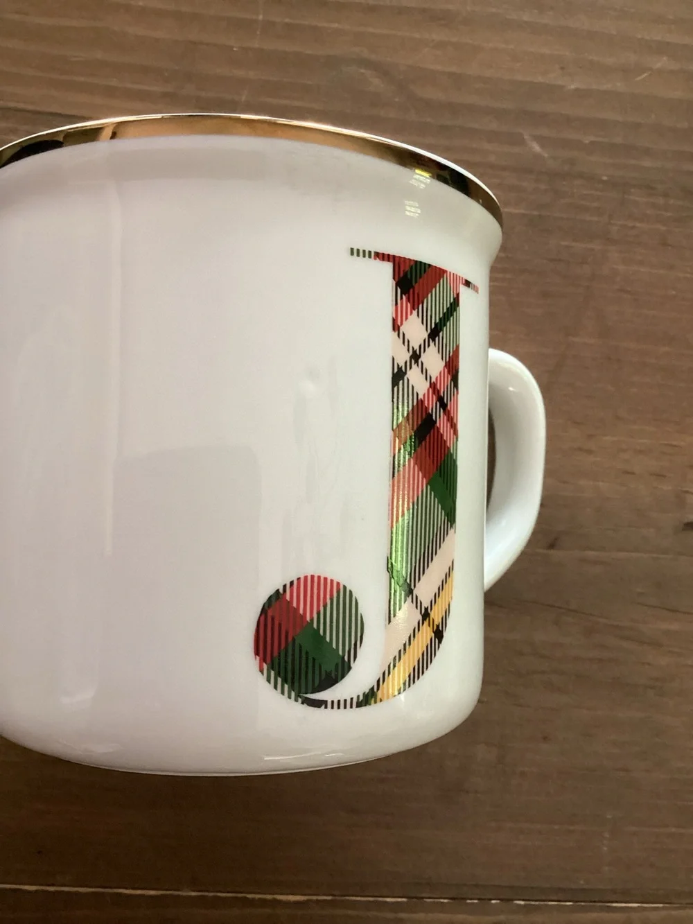 POTTERY BARM PLAID INITIAL MUG LETTER “J” CHRISTMAS HOLIDAY COFFEE MUG